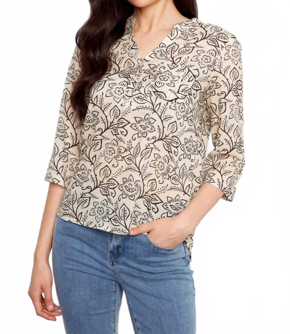 NEW CHARLIE B printed cotton gauze roll-up sleeve blouse in karine